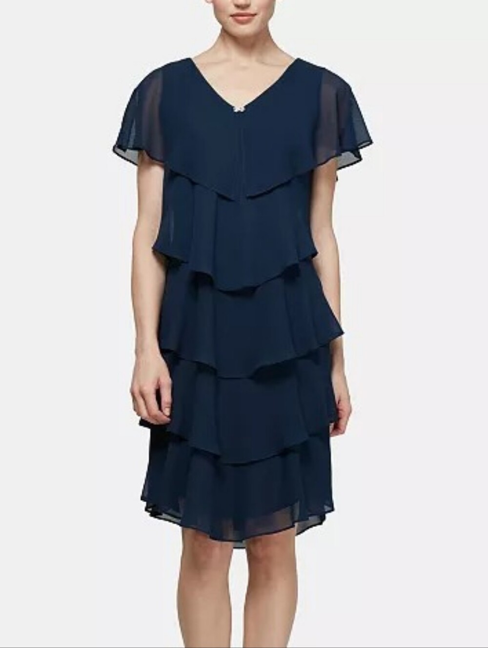 SLNY Navy Blue Tiered Capelet Rhinestone Detail Flowy Ruffle Dress Size 14W
